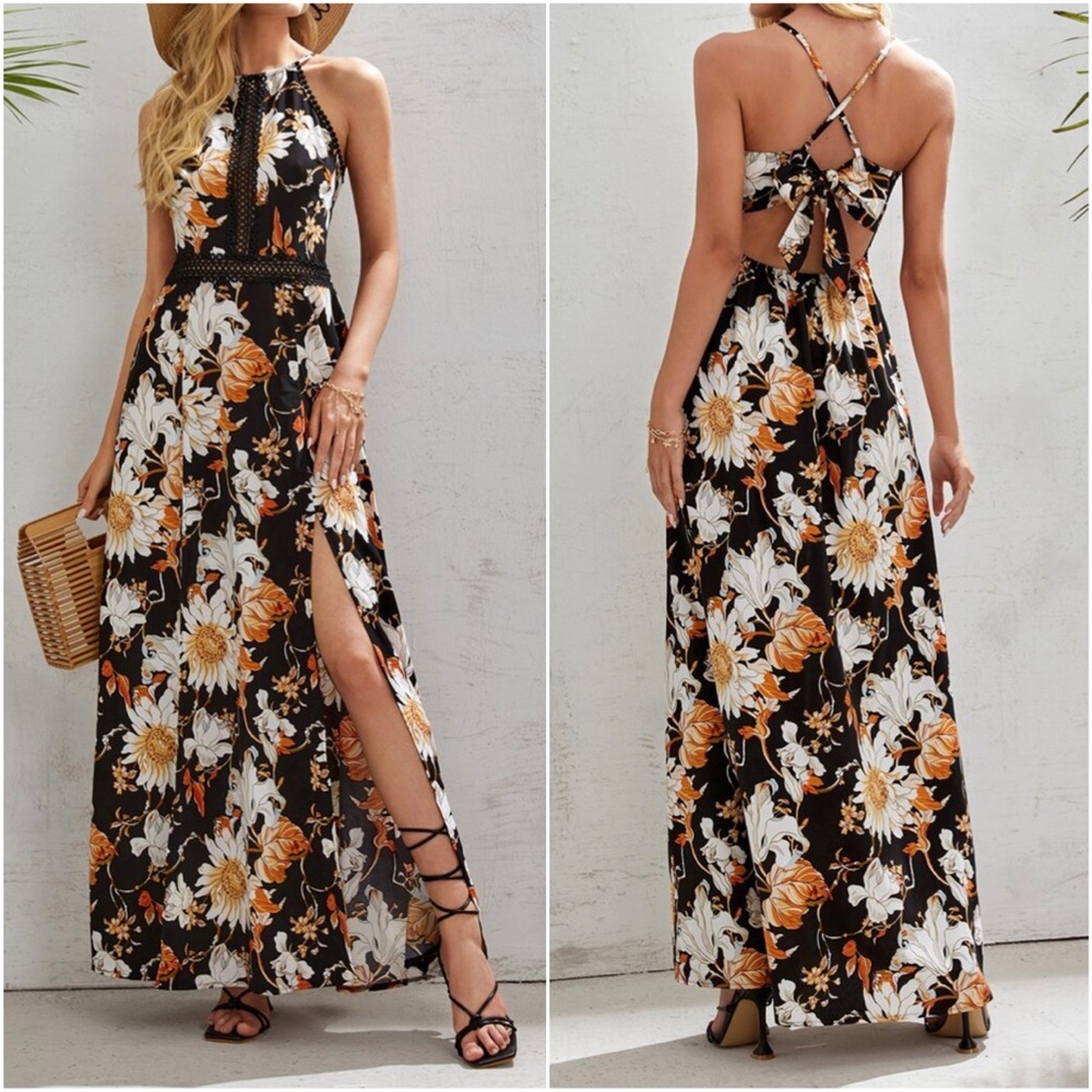 Boho Floral Print Criss Cross Lace Maxi Dress Cottagecore